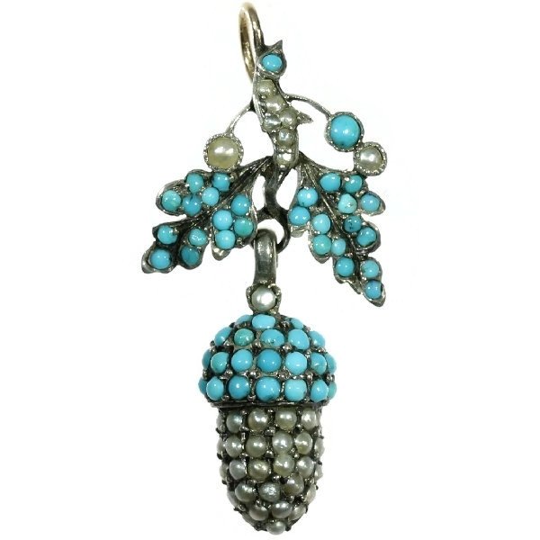 Victorian pendant, acorn and leaves covered with seed pearls and turquoises